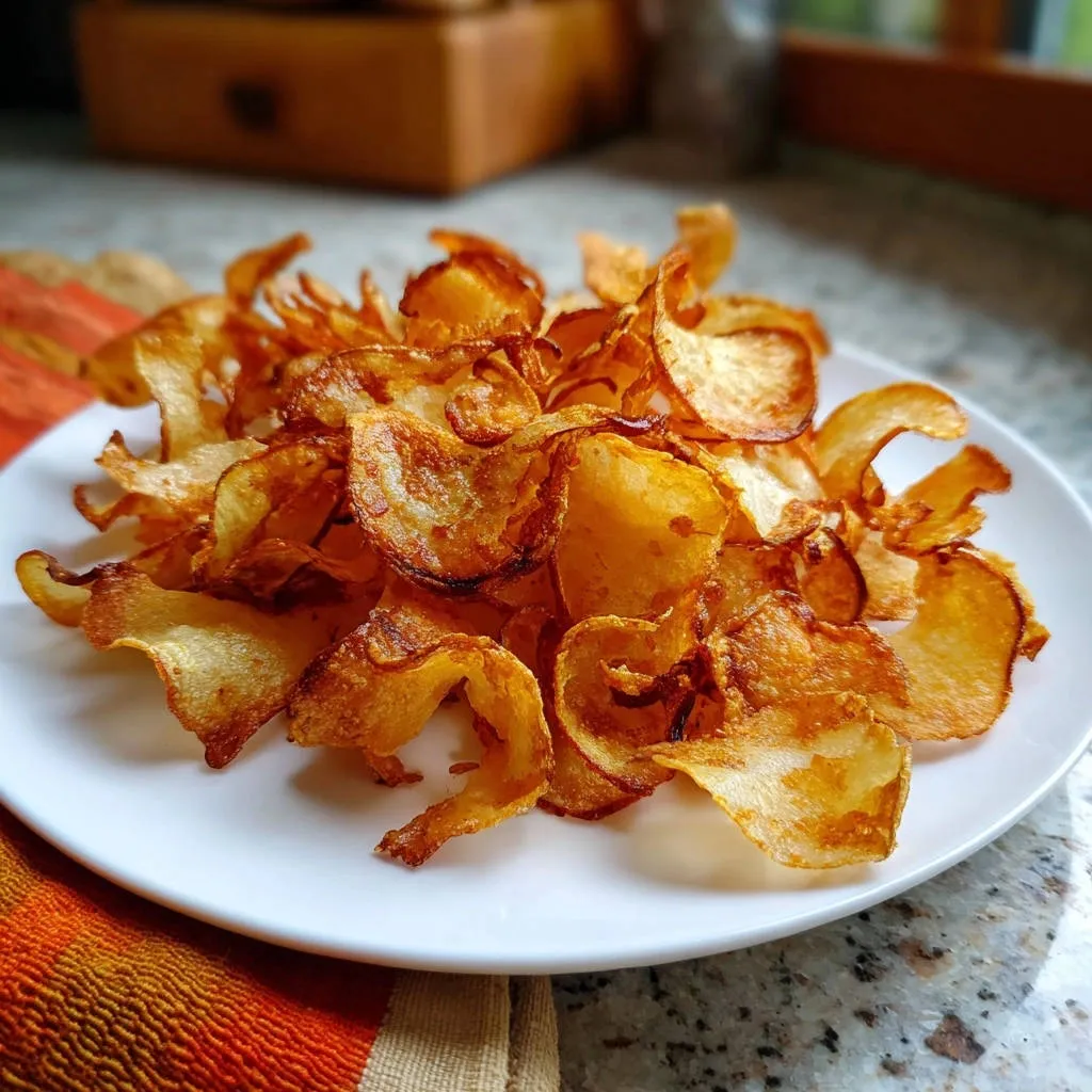 Homemade crispy potato chips piled high on a white plate, showcasing their golden-brown, curly edges and delicate texture.