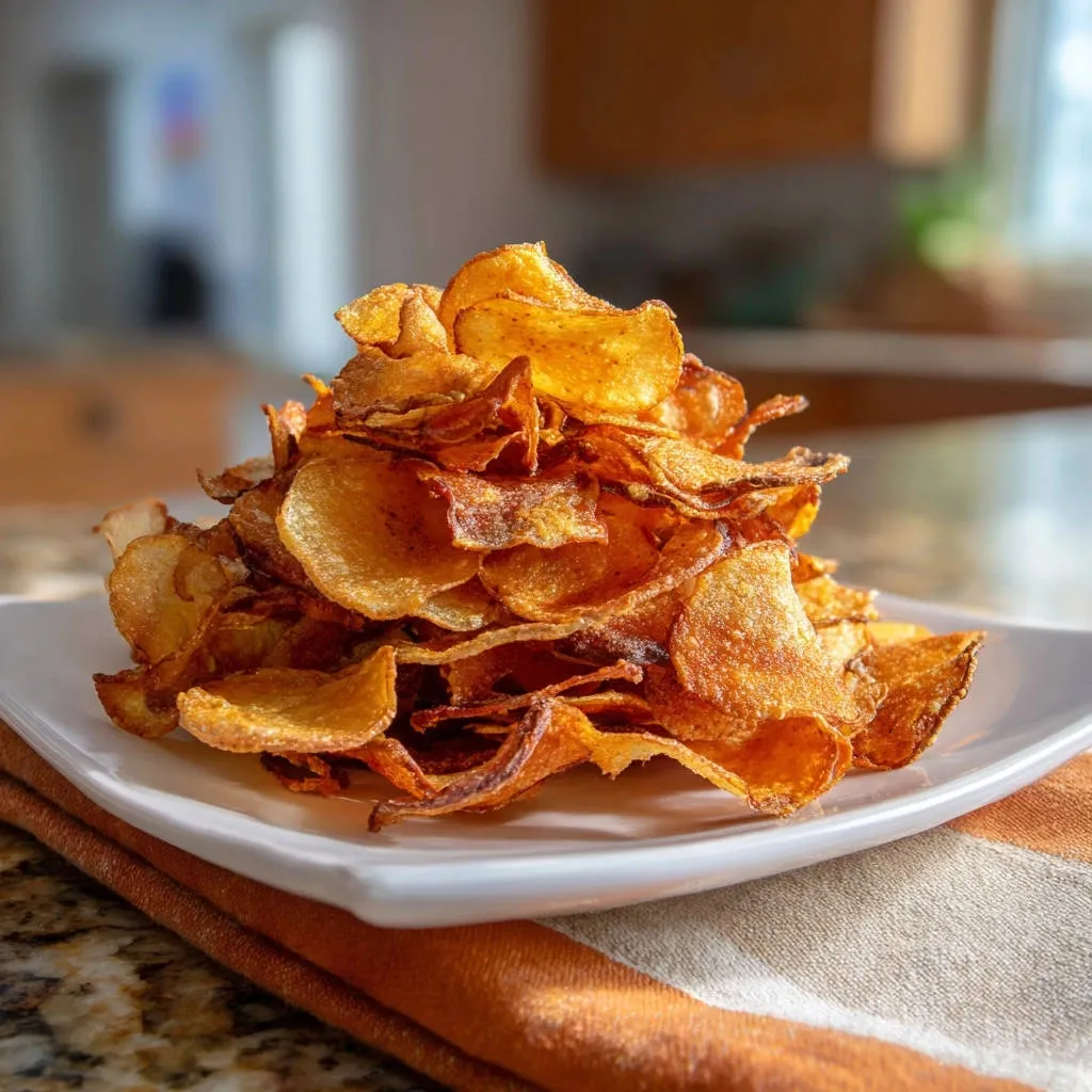 Homemade crispy potato chips piled high on a white plate, showcasing their golden-brown texture and irregular shapes.