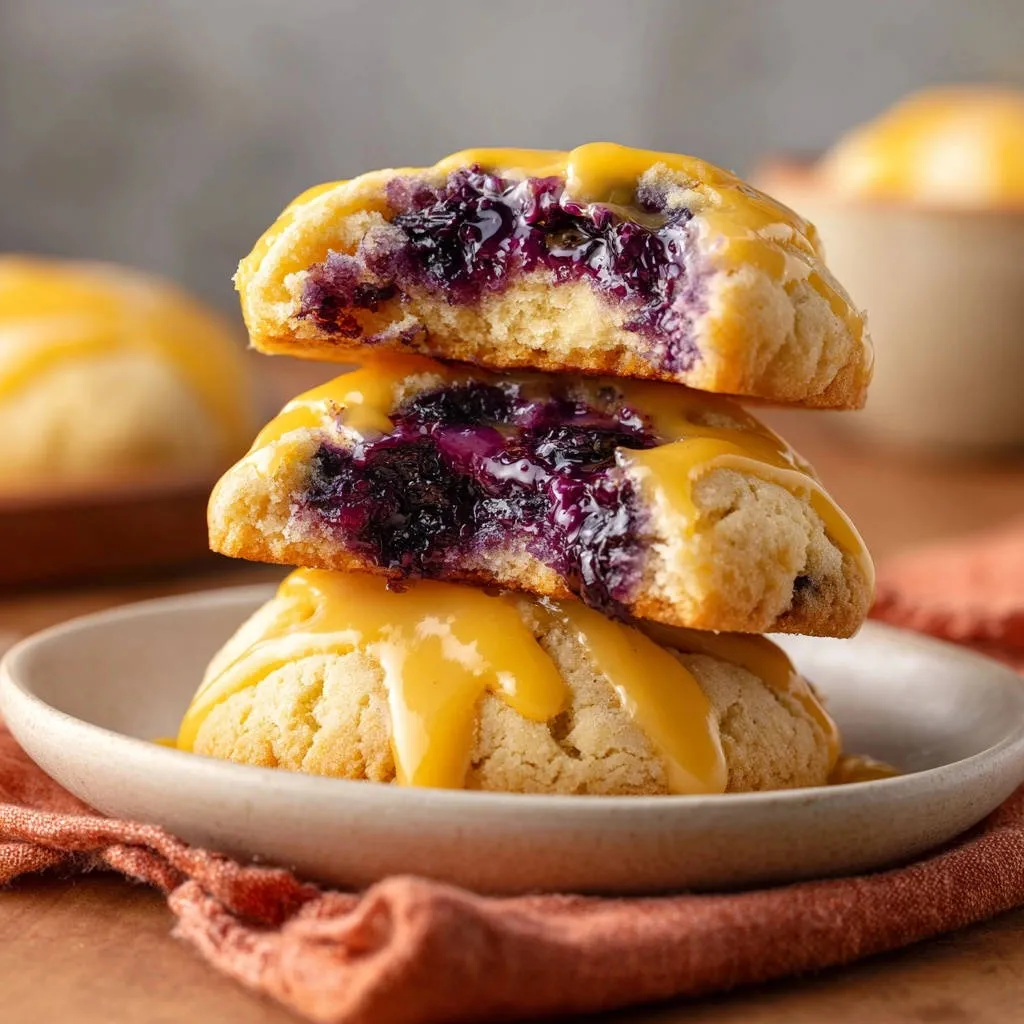 Jammy berry thumbprints stacked and sliced open to reveal the juicy berry filling and golden glaze.