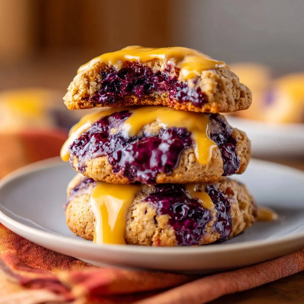 Jammy berry thumbprints stacked high, showing a close-up cross-section with glistening berry filling and yellow glaze.