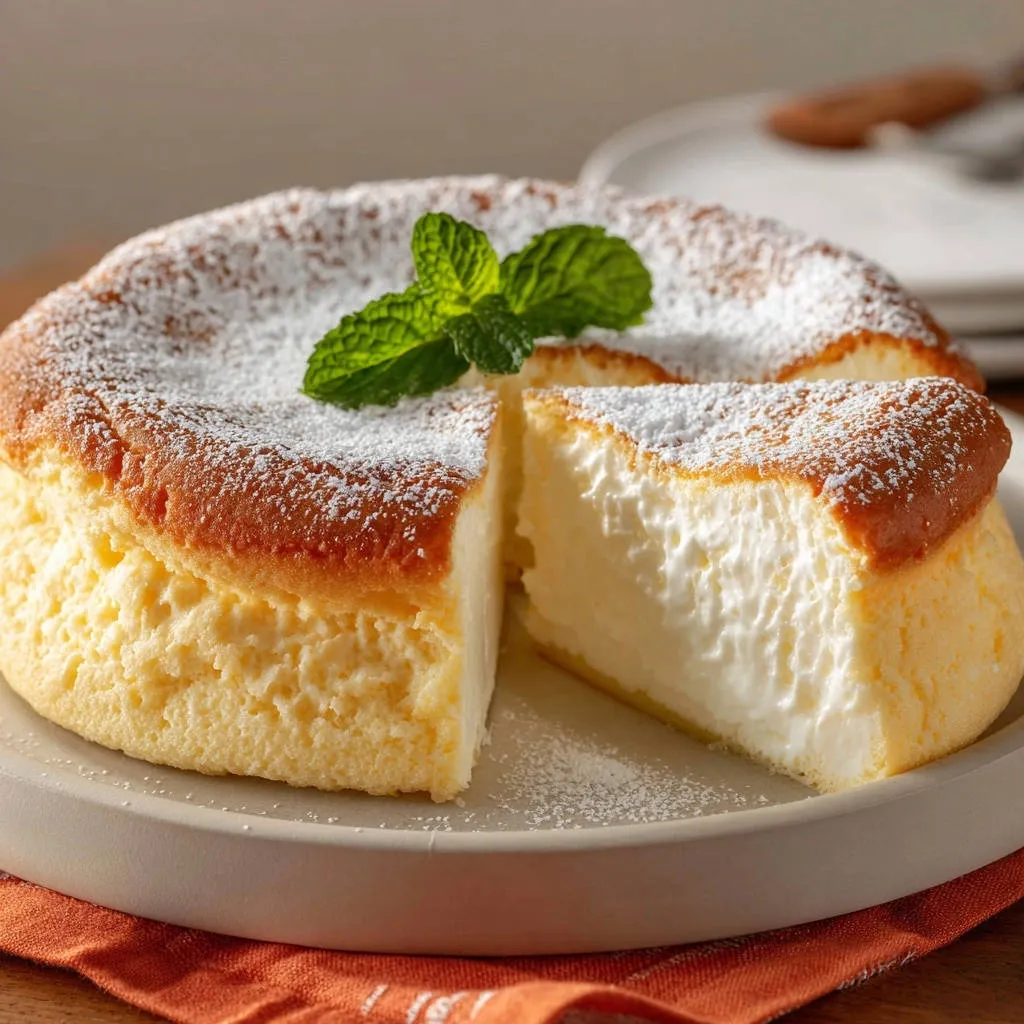 Fluffy Japanese souffle cheesecake with a slice cut out showing its light and airy interior texture.
