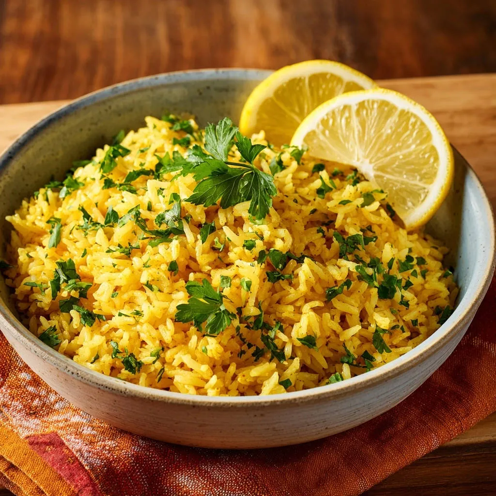 Bright lemon herb rice in a bowl, garnished with fresh parsley and topped with two lemon slices.