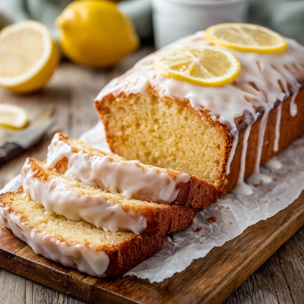 Lemon loaf sliced with drippy white glaze and lemon slices on top, presented on a wooden board.