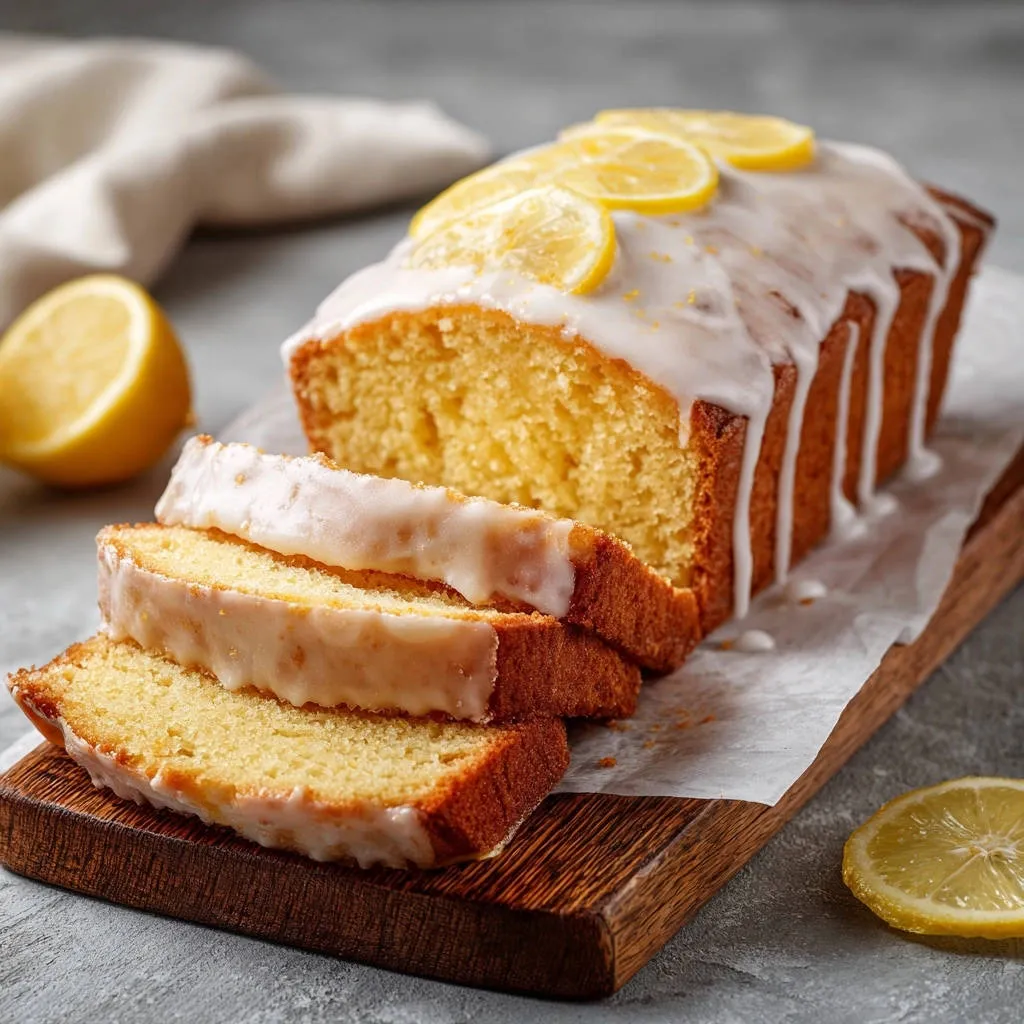Lemon loaf cake, sliced and drizzled with a zesty white glaze, garnished with lemon slices.