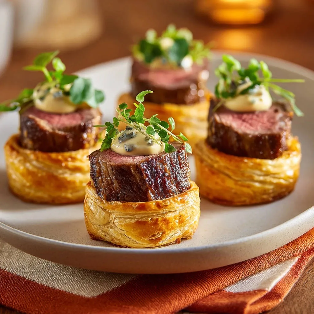 Mini beef and pastry bites appetizer plated with a dollop of creamy sauce and fresh greens.