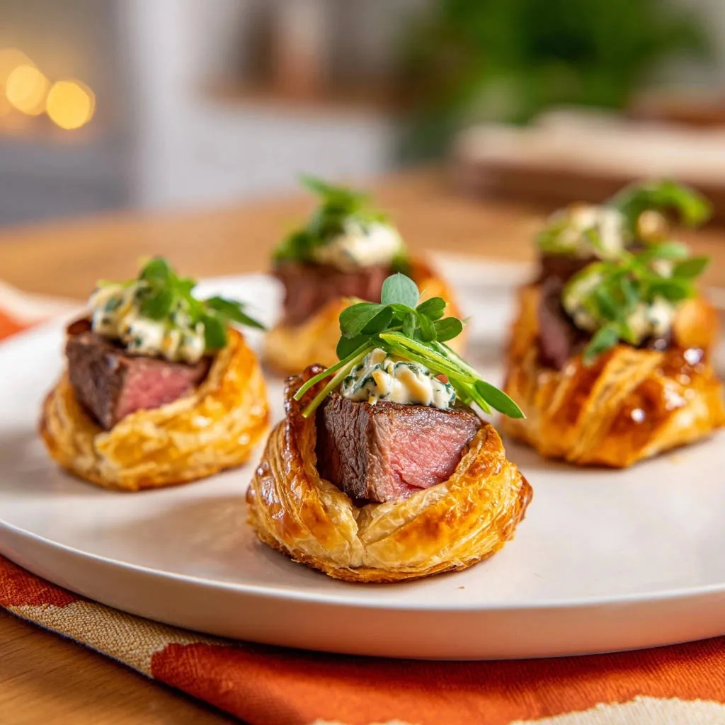 Mini beef and pastry bites plated as impressive appetizers, topped with creamy sauce and fresh greens.