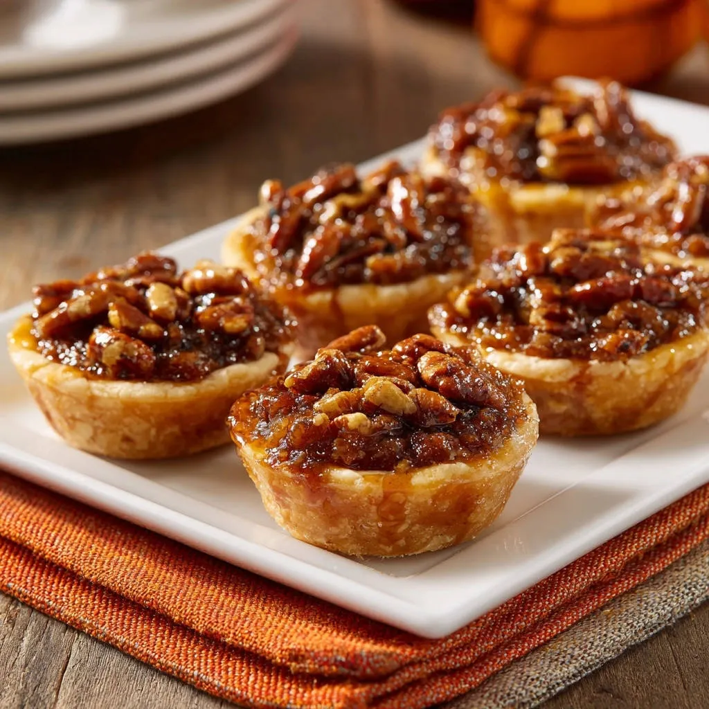 Mini pecan tarts with a gooey pecan topping shown in a close-up view on a white platter.