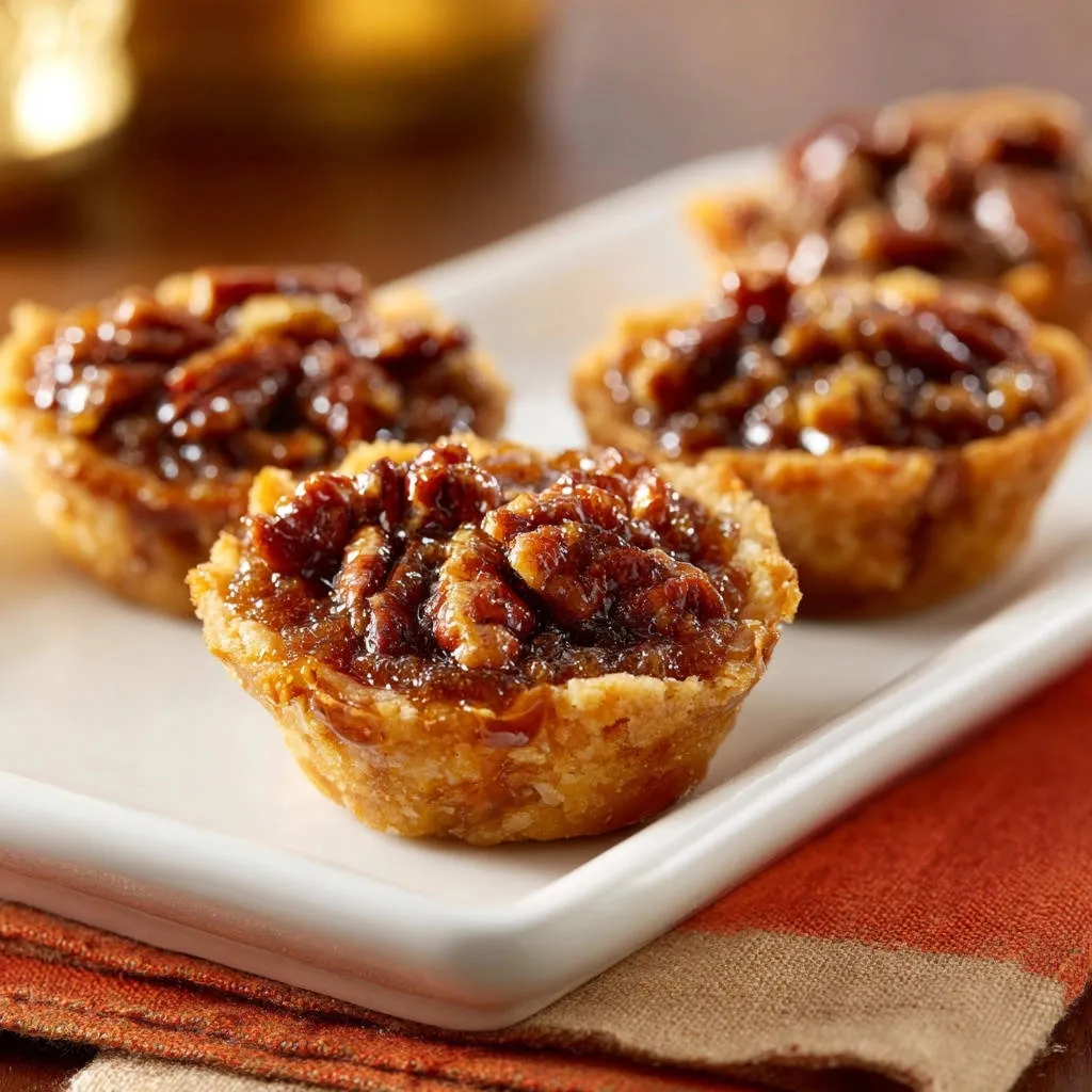 Mini pecan tarts with a gooey, shiny topping and visible pecan pieces, a close-up detail shot.