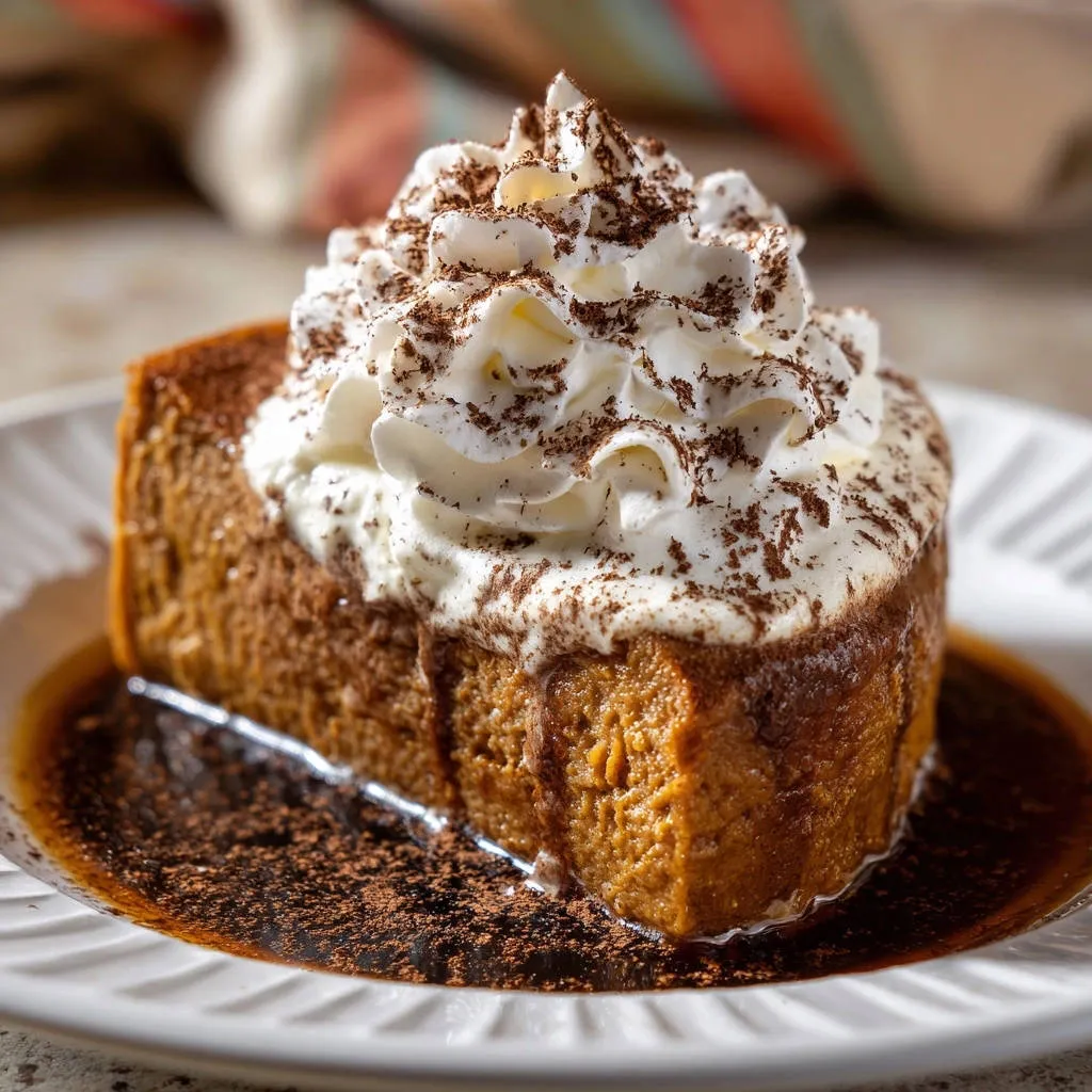 No-bake pumpkin chocolate dream bars served as a single slice on a white plate, topped with whipped cream and chocolate shavings.