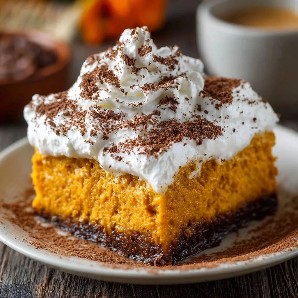 No-bake pumpkin chocolate dream bars shown as a plated slice with whipped cream and chocolate shavings.