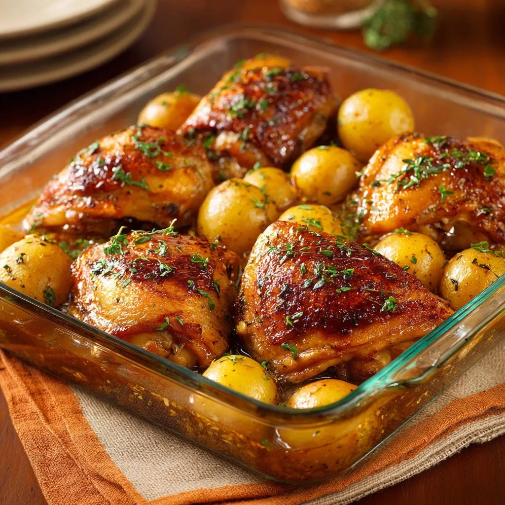 One-pan roasted chicken and potatoes with glistening skin and fresh herbs, shown in a close-up view.