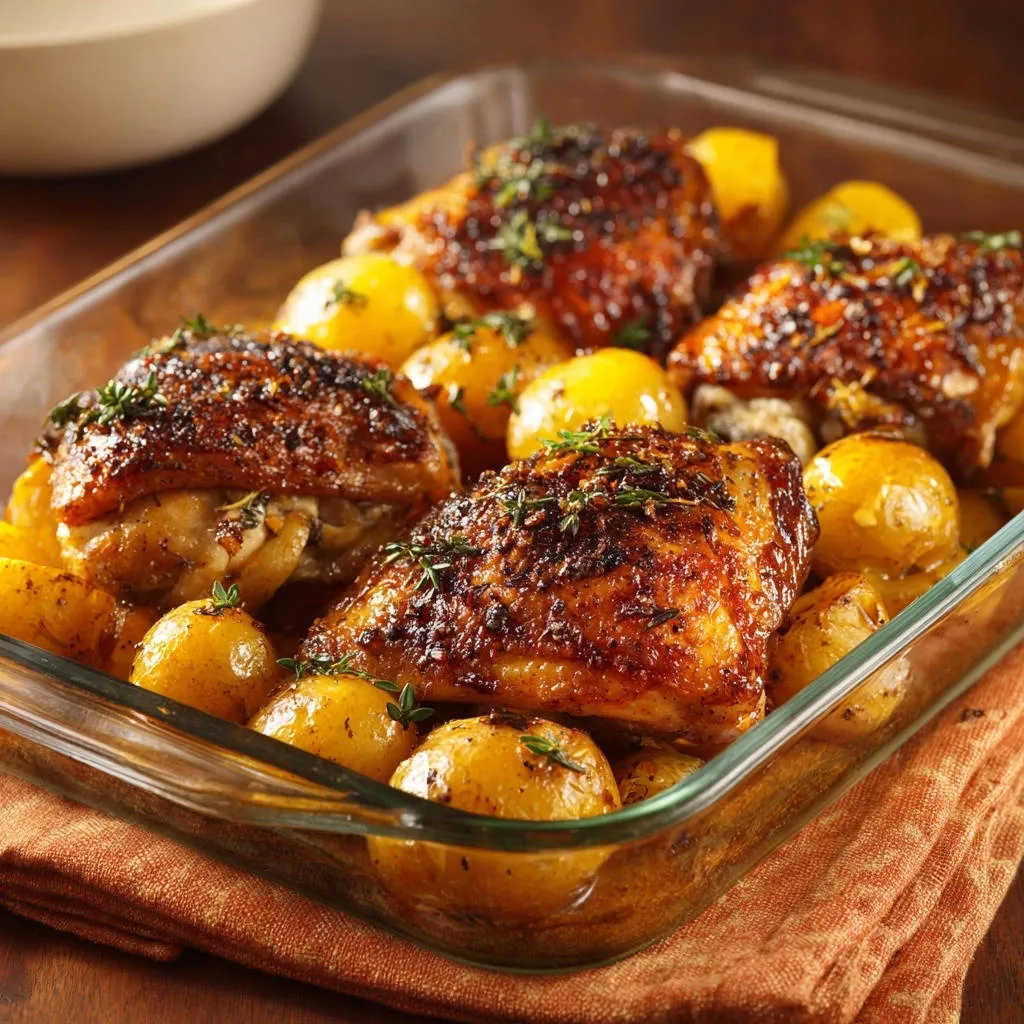 One-pan roasted chicken and potatoes in a glass baking dish, showing golden brown chicken and small, roasted potatoes.
