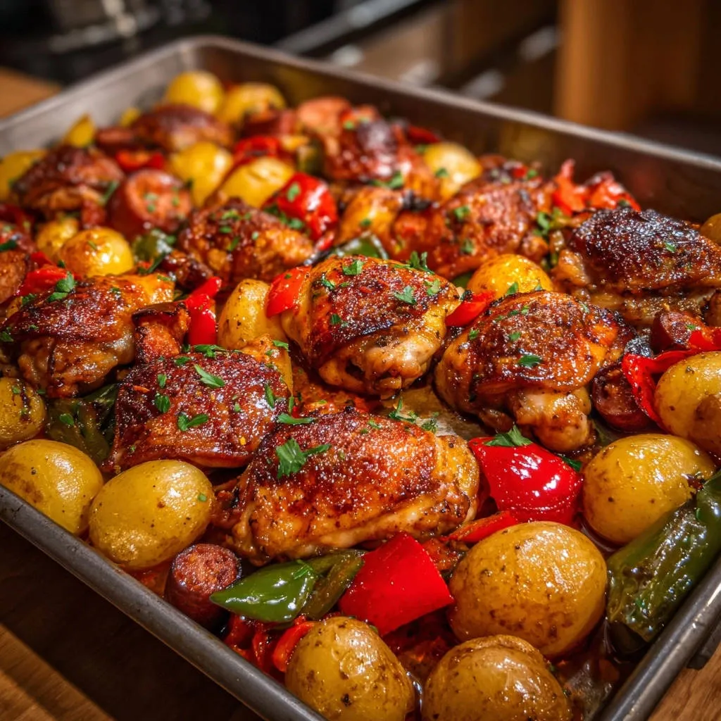 One-pan roasted chicken and sausage with potatoes, a detailed close-up showing glistening chicken skin and roasted vegetables.
