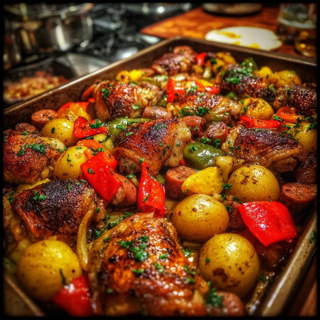 One-pan roasted chicken & sausage with potatoes, an overhead view showcasing the golden-brown chicken, colorful peppers, and roasted potatoes.