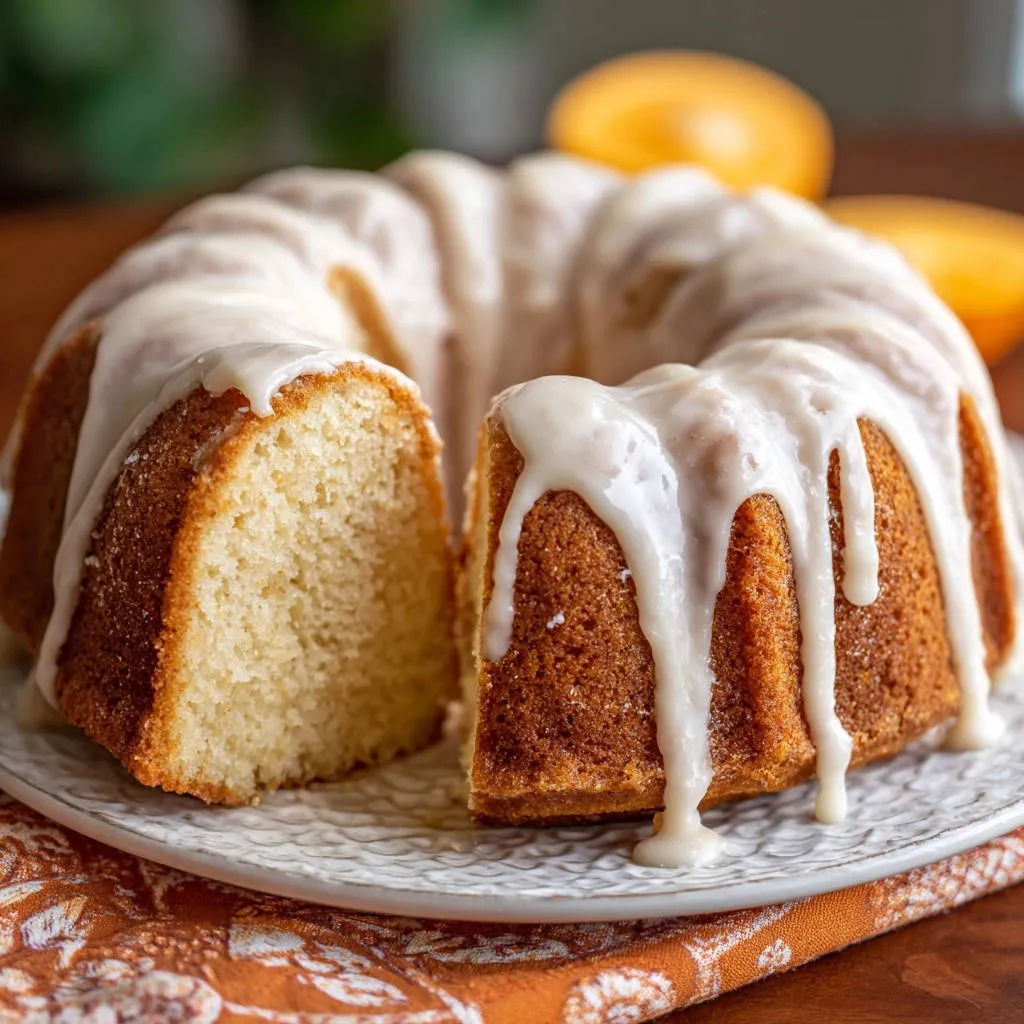 Orange Kissed Bundt Cake cross-section showing its tender crumb and drippy white glaze.