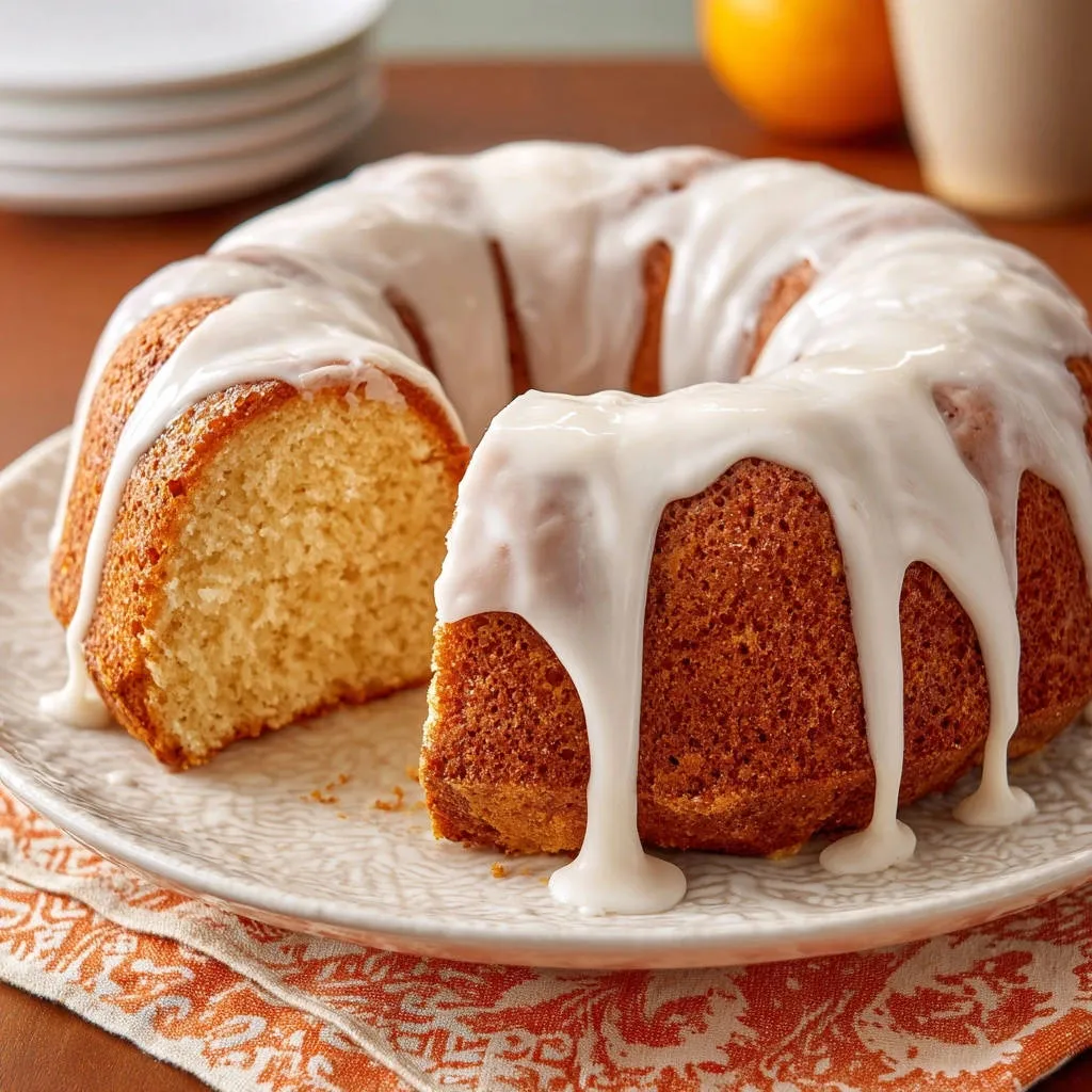 Orange Kissed Bundt Cake, showing a close-up cross-section with white glaze dripping down its sides.