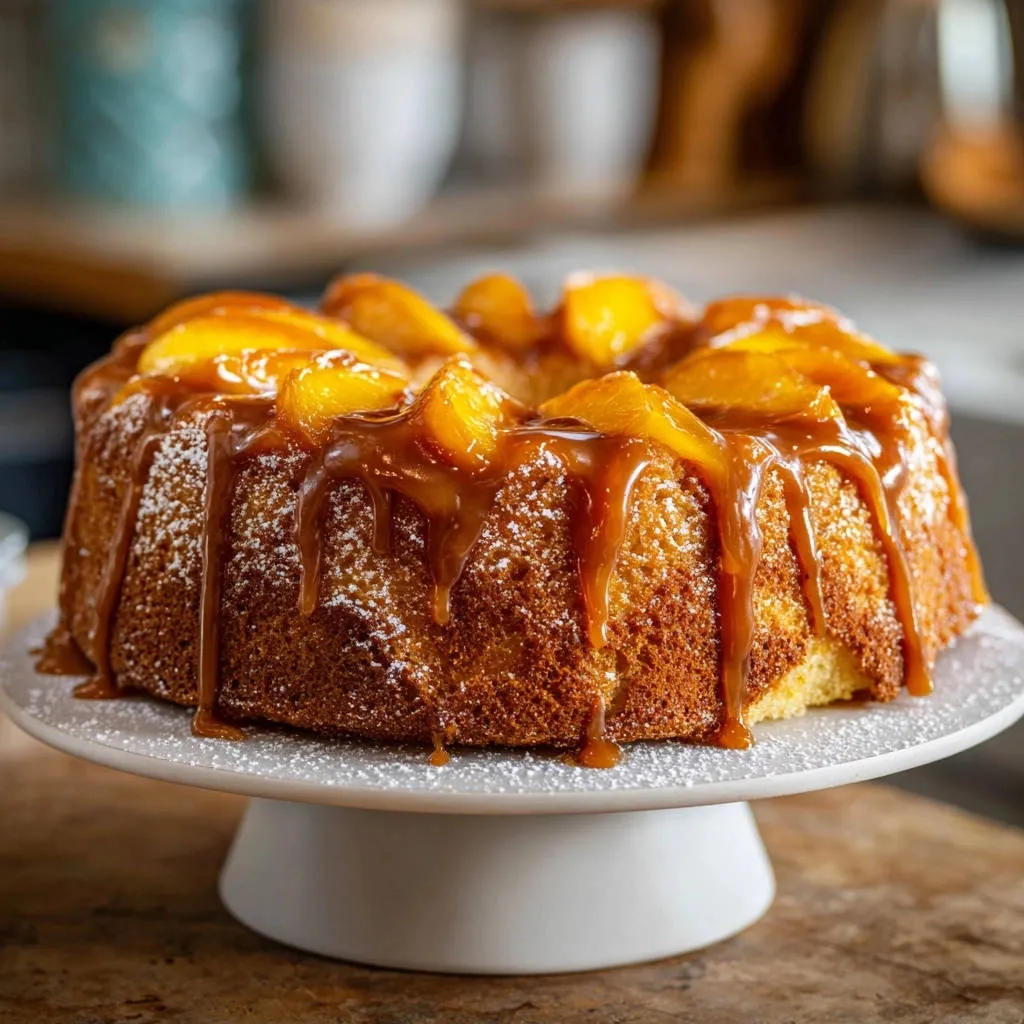 Peach caramel drizzle cake with powdered sugar dusting and rich caramel cascading down the sides.