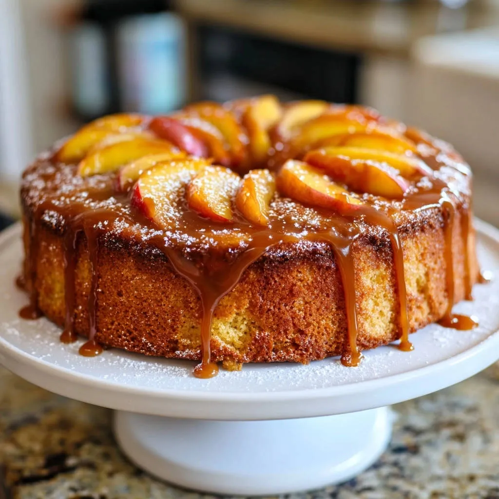 Peach caramel drizzle cake with a thick, glistening caramel glaze cascading down the sides.