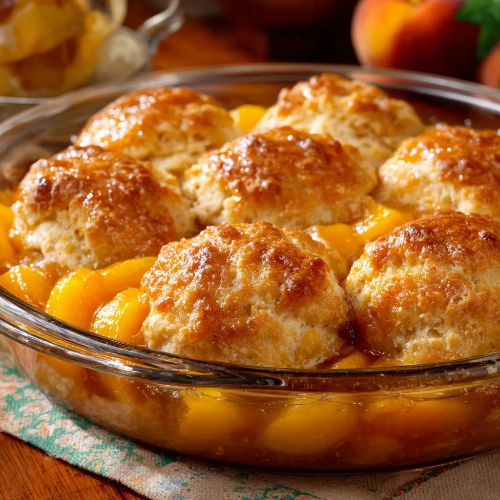 Peach cobbler perfection with a close-up view of the fluffy, golden-brown topping in a glass baking dish.