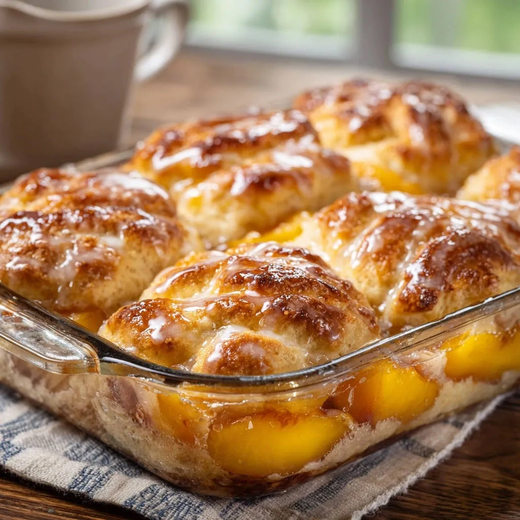 Peach cobbler perfection with a fluffy, golden-brown topping and a sweet glaze.
