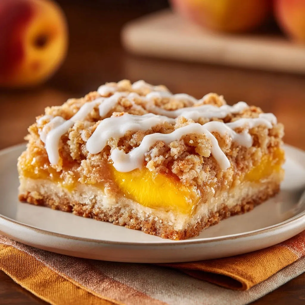 Perfect Peach Crumble Bars cross-section showing layers of fruit and crumble, drizzled with white glaze.
