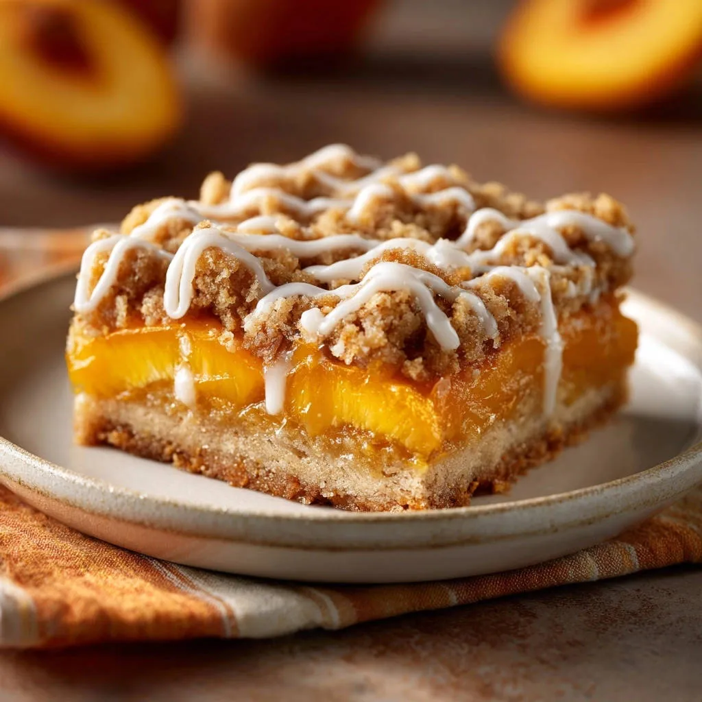 Perfect peach crumble bars cross-section showing fruit filling and drizzled with white glaze
