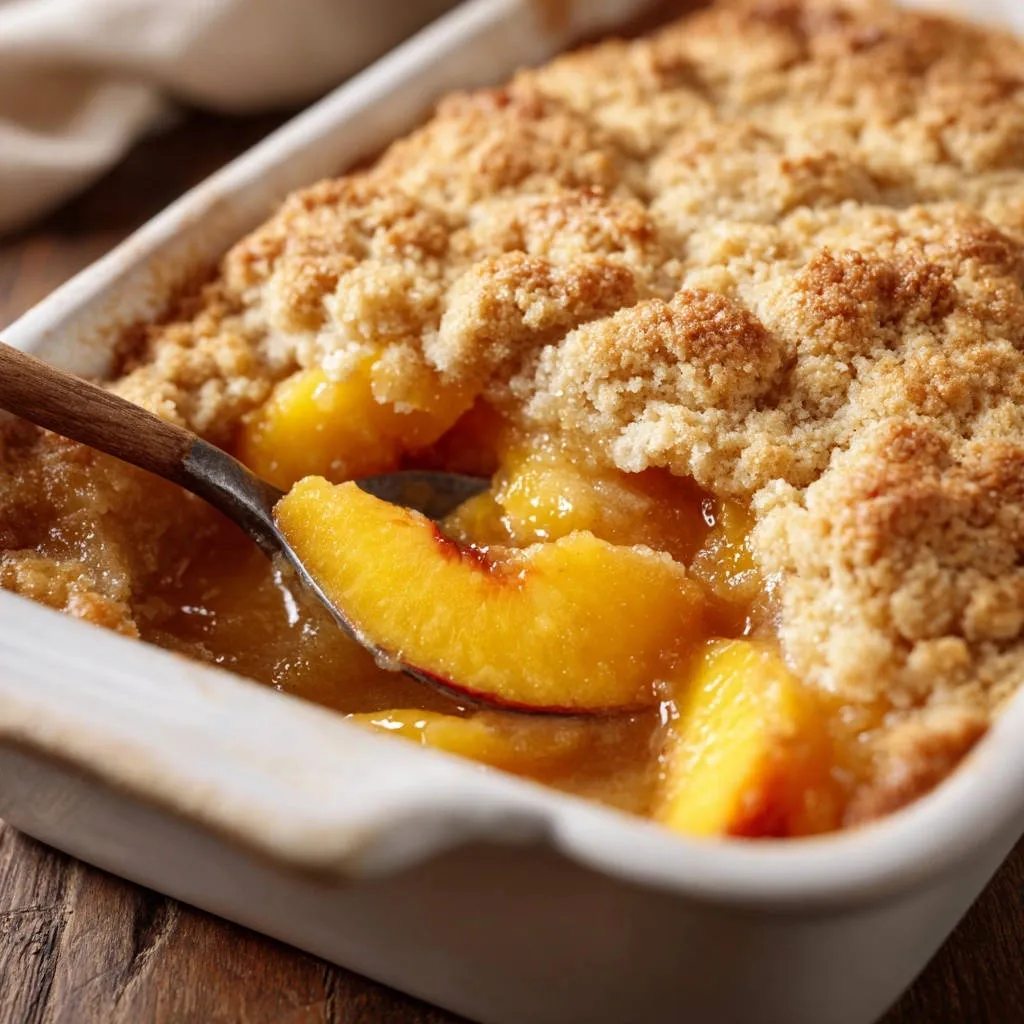 Classic peach crumble with a spoonful being lifted, showing the tender fruit and golden topping.