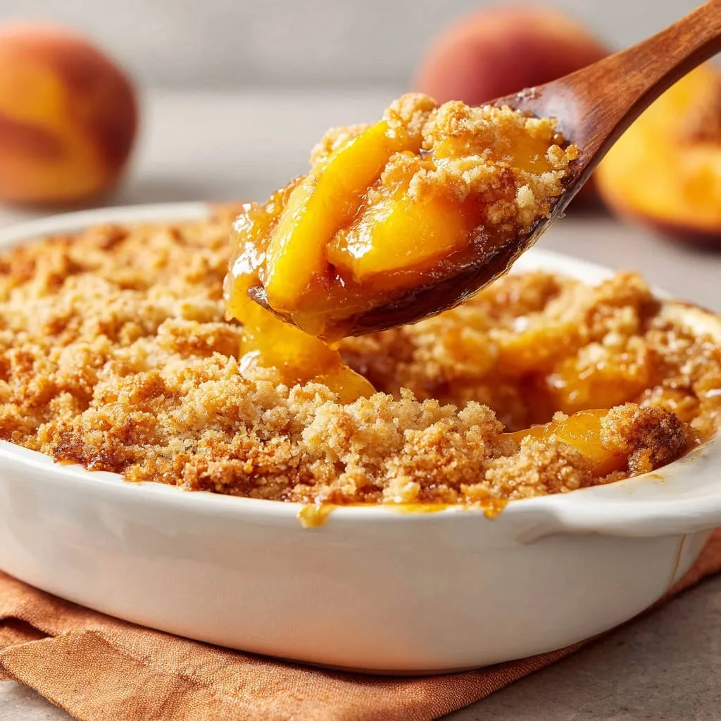 Classic Peach Crumble with a spoonful being scooped out, showing the tender fruit and crumb topping.