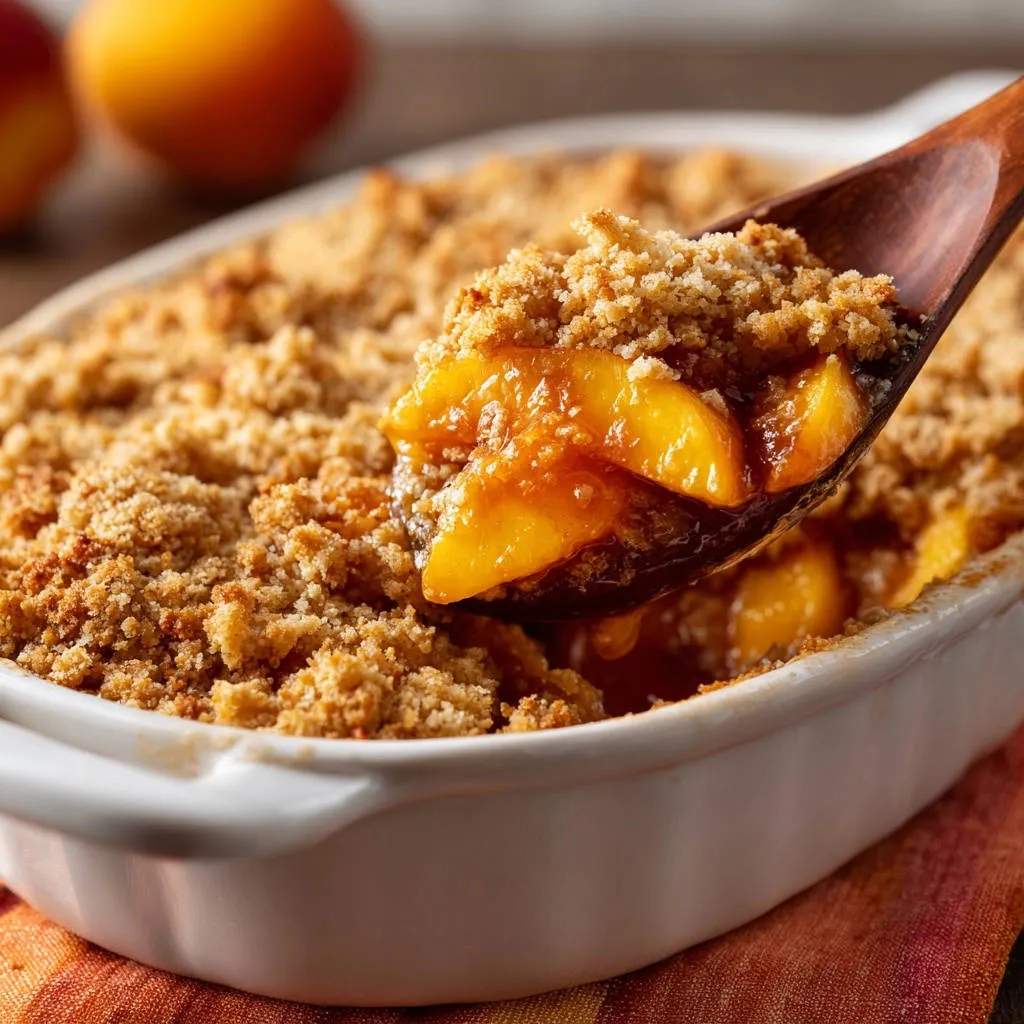 Classic Peach Crumble served in a white dish with a wooden spoon scooping a generous portion showing the fruit and topping.