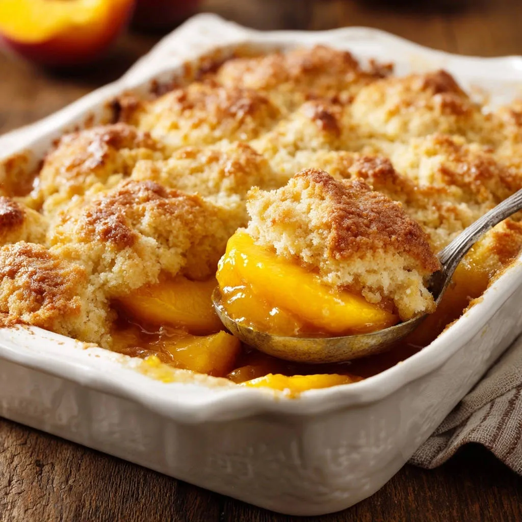 Classic peach crumble with a spoonful lifting the golden topping to reveal the juicy fruit filling.