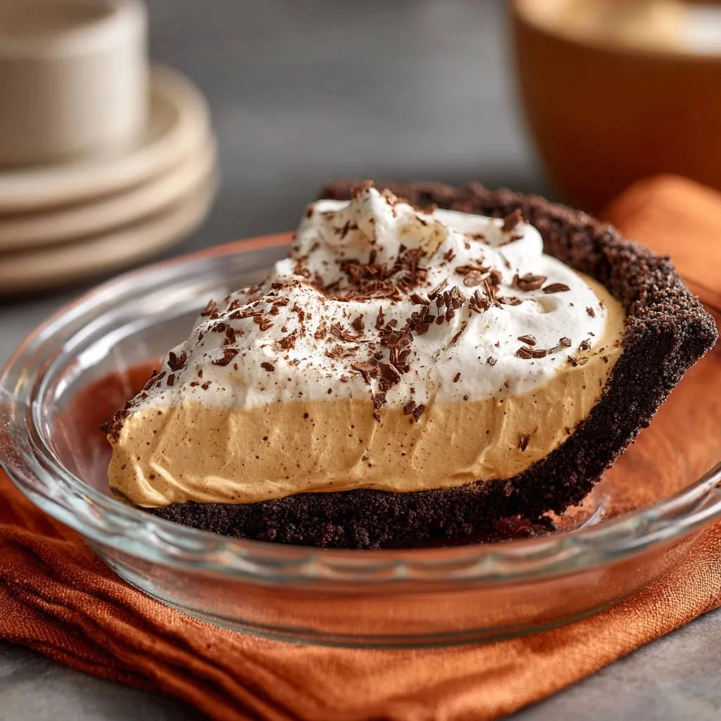 Peanut Butter Oreo Pie slice with whipped cream topping and chocolate shavings in a clear pie dish.