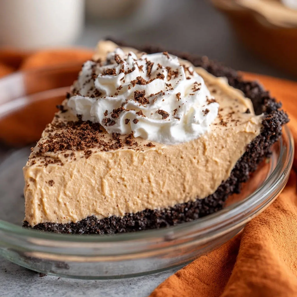 Peanut Butter Oreo Pie slice topped with whipped cream and cookie crumbs, showcasing its creamy filling.