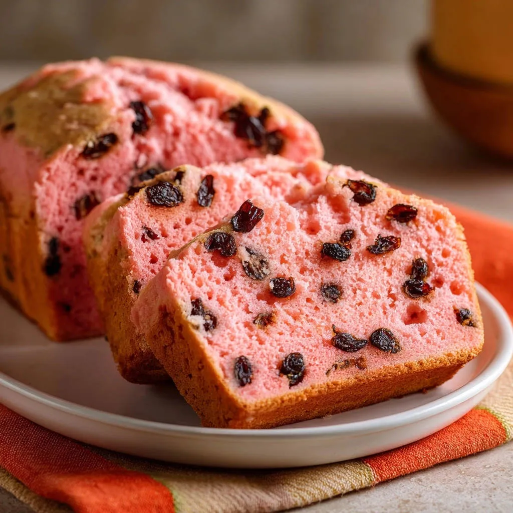 Perfectly moist pink raisin loaf sliced to reveal a close-up view of the tender crumb and plump raisins.