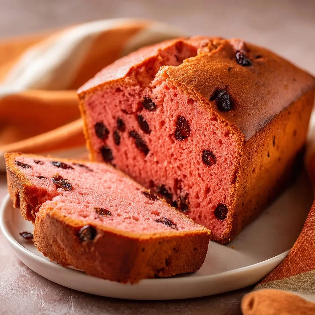 Perfectly moist pink raisin loaf, shown as a close-up of a sliced loaf with visible raisins.