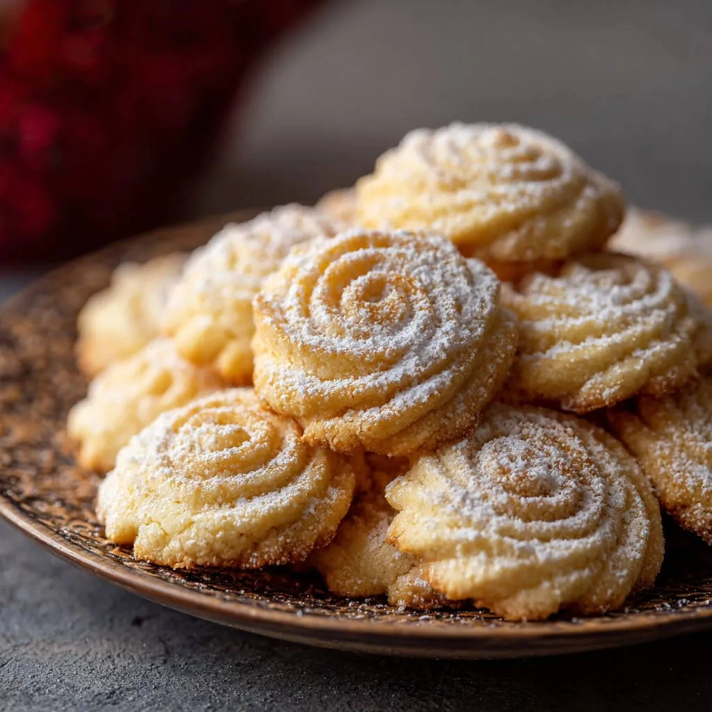 Classic piped butter cookies dusted with powdered sugar, showcasing their elegant swirled shape.