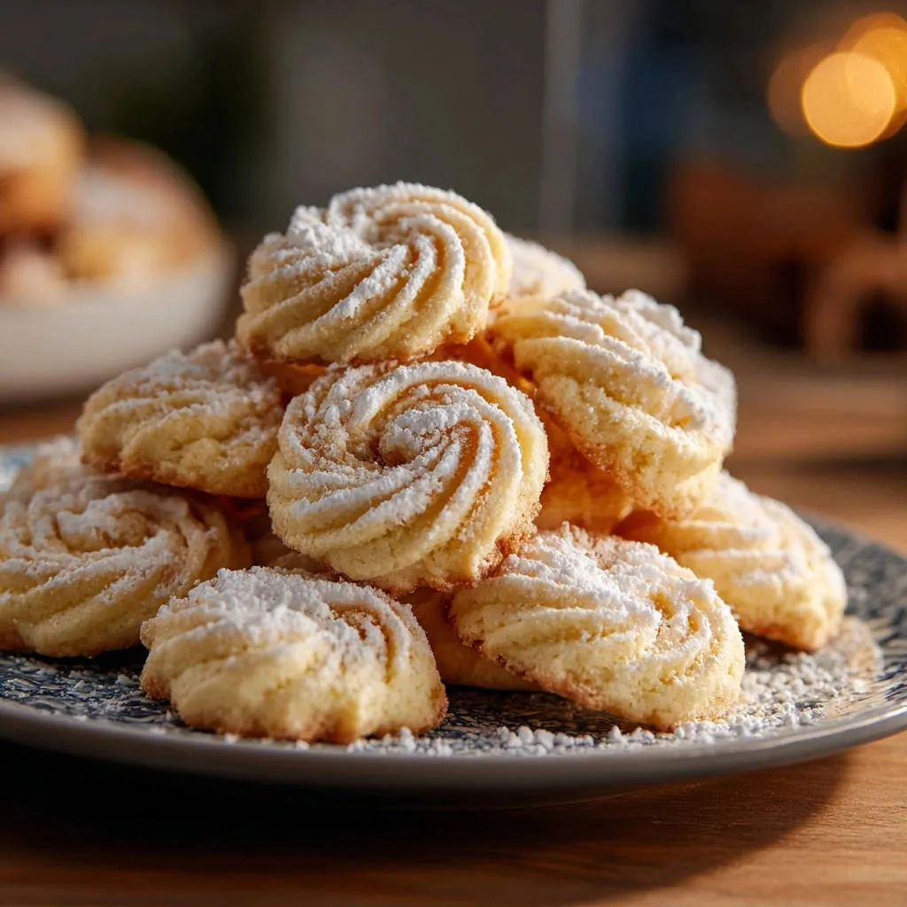 Classic Piped Butter Cookies dusted with powdered sugar, showcasing their swirled texture in a close-up.