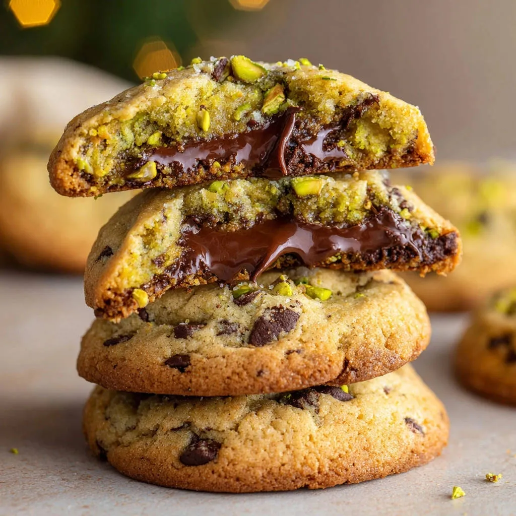 Pistachio chocolate chip cookies with a molten chocolate core, shown in a close-up cross-section revealing the gooey interior.