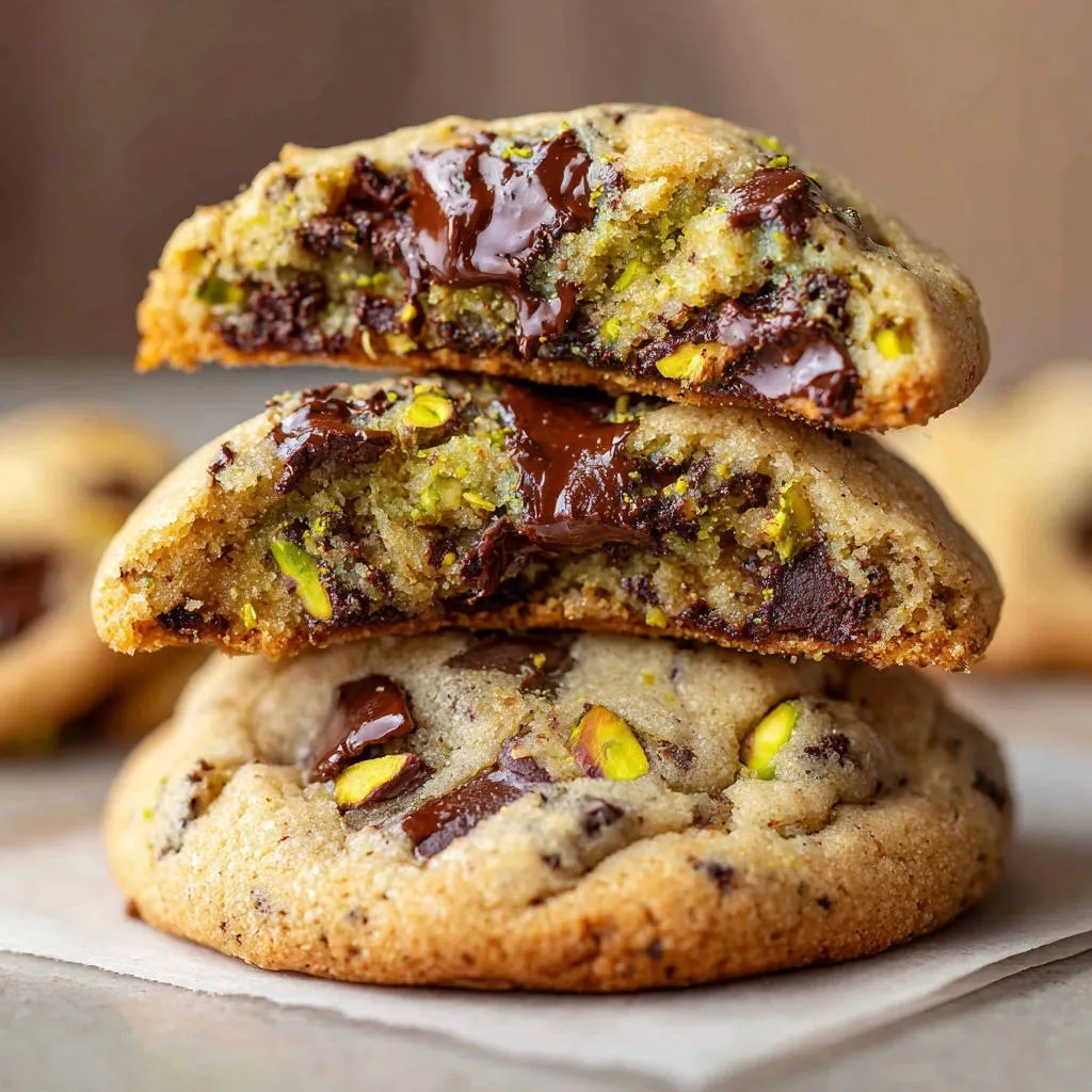 Pistachio chocolate chip cookies with a molten chocolate core, shown in a close-up cross-section revealing the gooey interior.