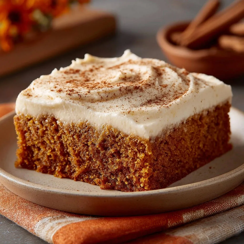 Pumpkin spice cake with cream cheese frosting, a single slice plated with a dusting of cinnamon.