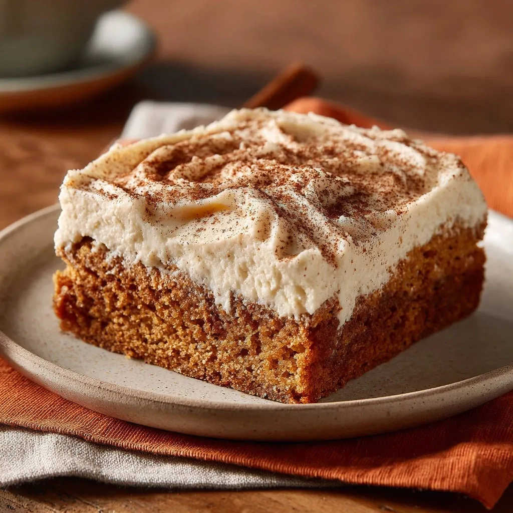 Pumpkin spice cake with cream cheese frosting, a single slice plated and dusted with cinnamon.