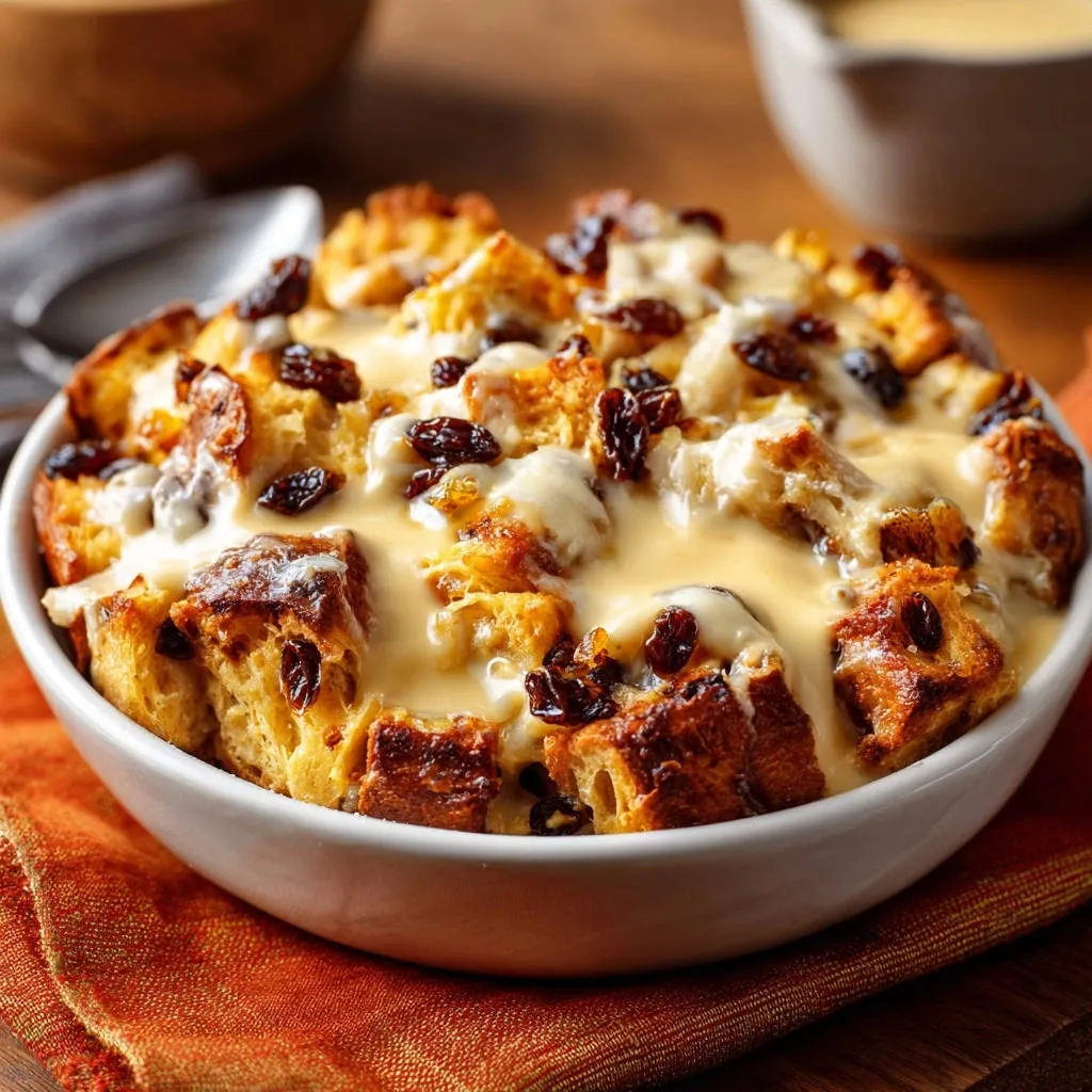 Classic raisin bread pudding with a rich custard sauce, shown in a close-up view highlighting the moist bread cubes and plump raisins.