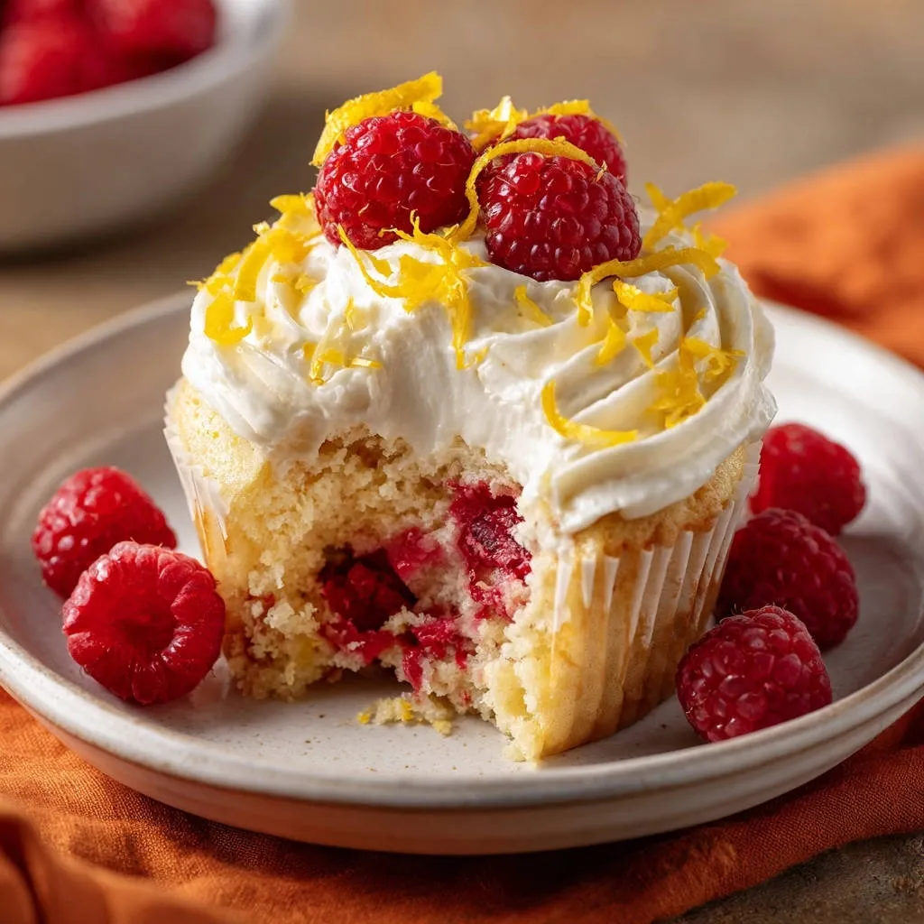 Raspberry lemon cupcakes with a cross-section revealing fresh raspberries inside, topped with whipped cream and garnished with lemon zest.