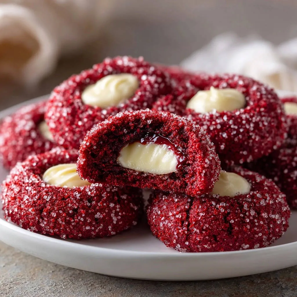 Red velvet thumbprint cookies cross-section revealing creamy filling and sparkly sugar coating.
