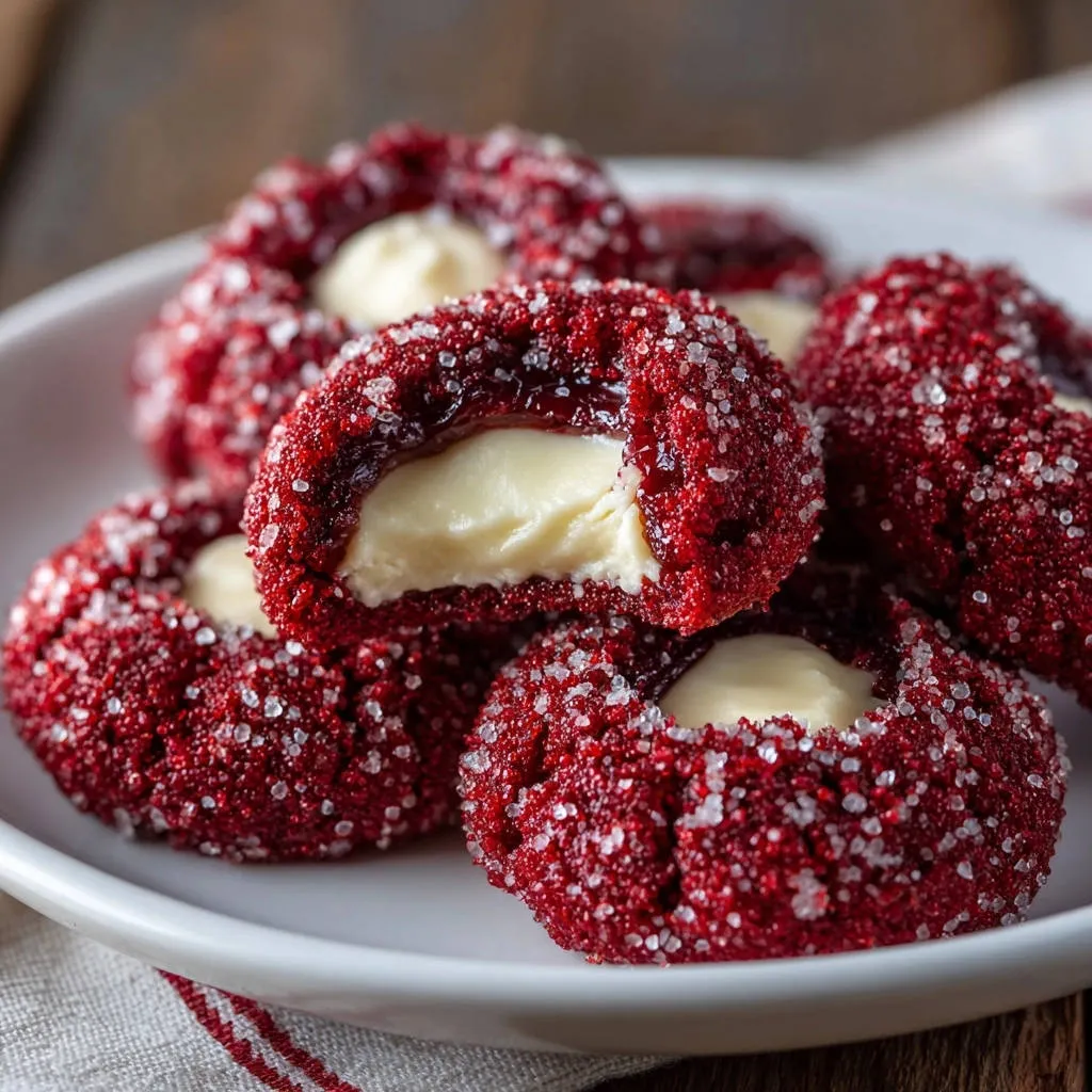 Red velvet thumbprint cookies cross-section showing the creamy cream cheese filling and sparkling sugar coating.