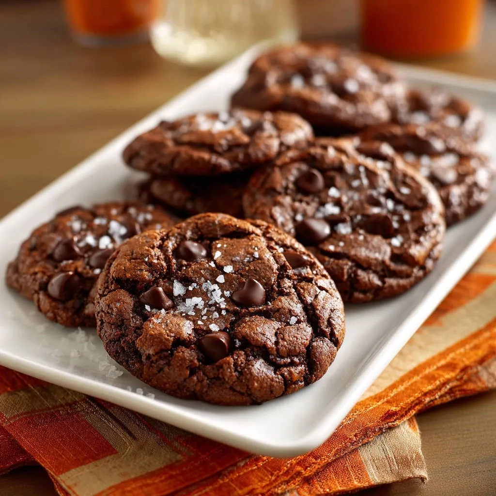 Salted double chocolate fudge cookies are presented close-up, showcasing a generous sprinkle of flaky sea salt on top.