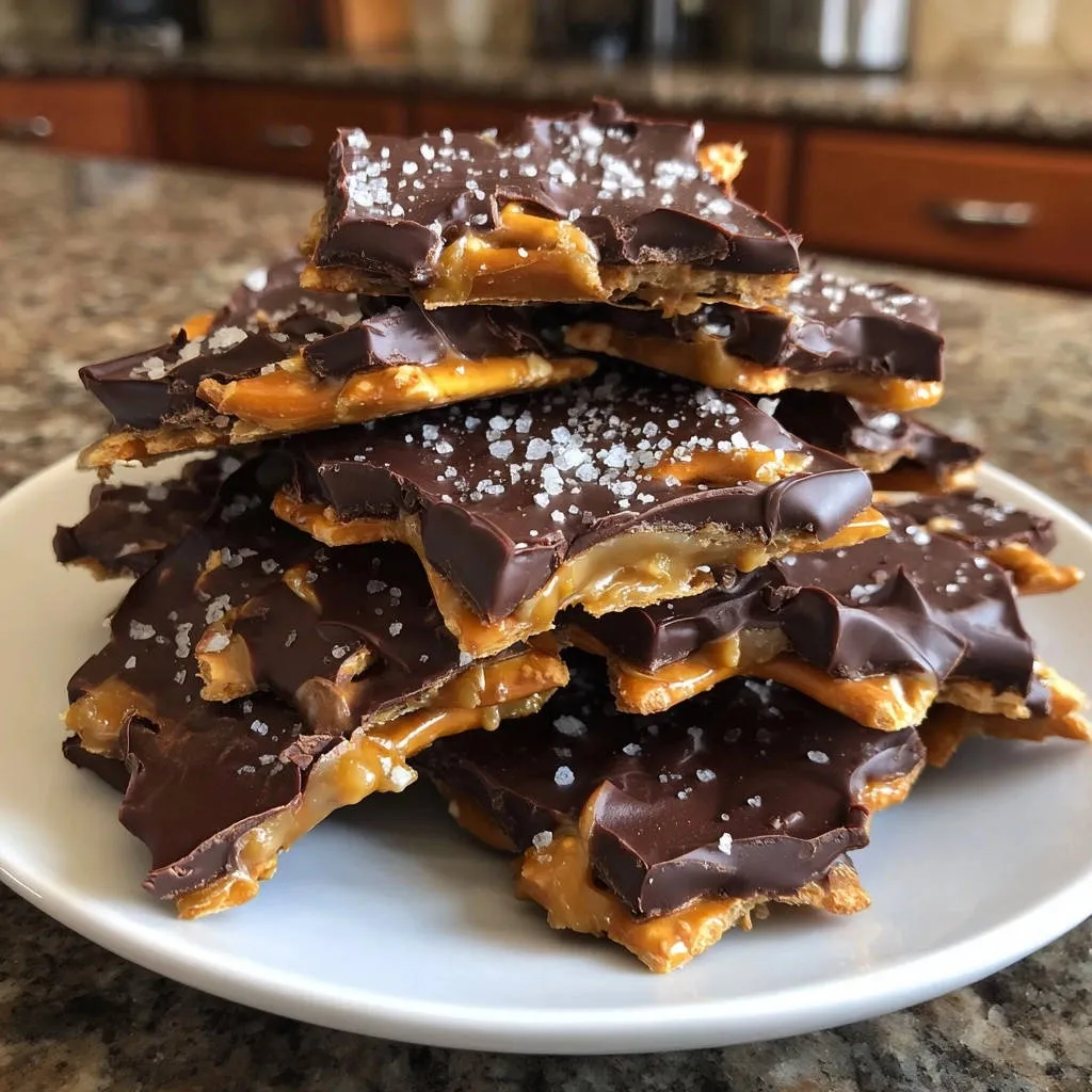 Salted peanut butter pretzel clusters stacked high on a white plate, showcasing their rich chocolate topping and sea salt flakes.