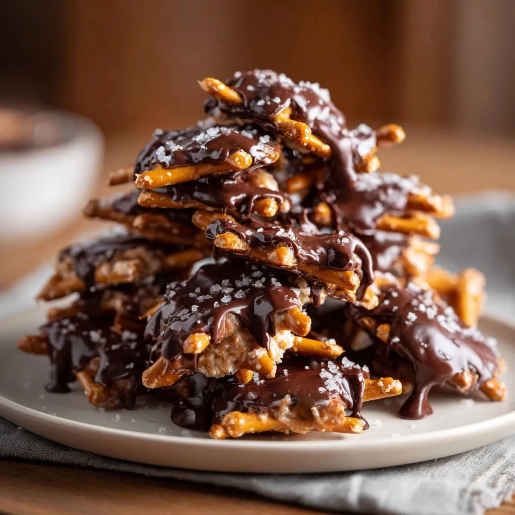 Salted peanut butter pretzel clusters stacked high on a white plate, drizzled with chocolate and sprinkled with sea salt.