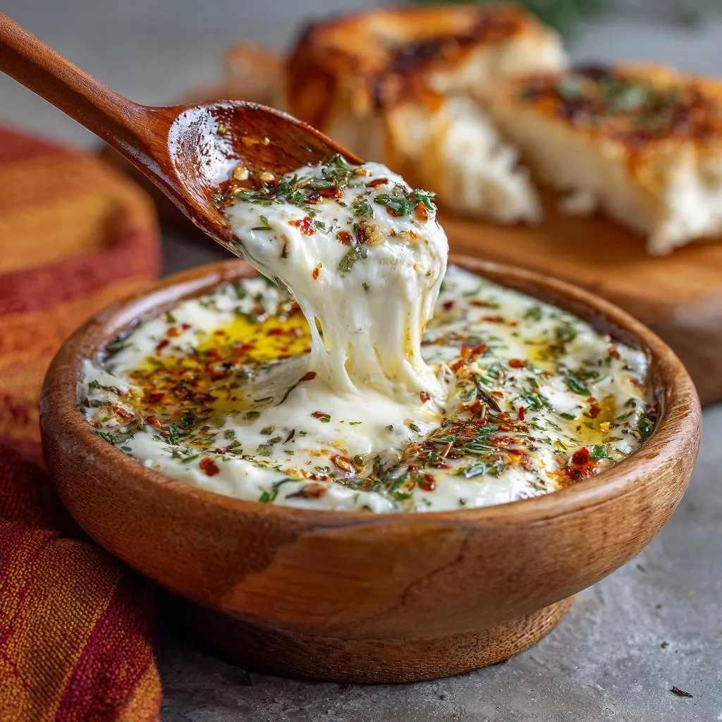 Skillet herb and chili melted cheese dip being lifted with a wooden spoon, showing a stretchy pull.