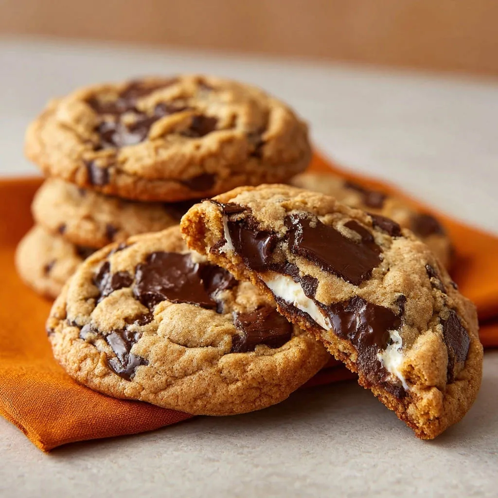 Gooey S'mores Stuffed Cookies cross-section revealing a melted marshmallow and chocolate center.