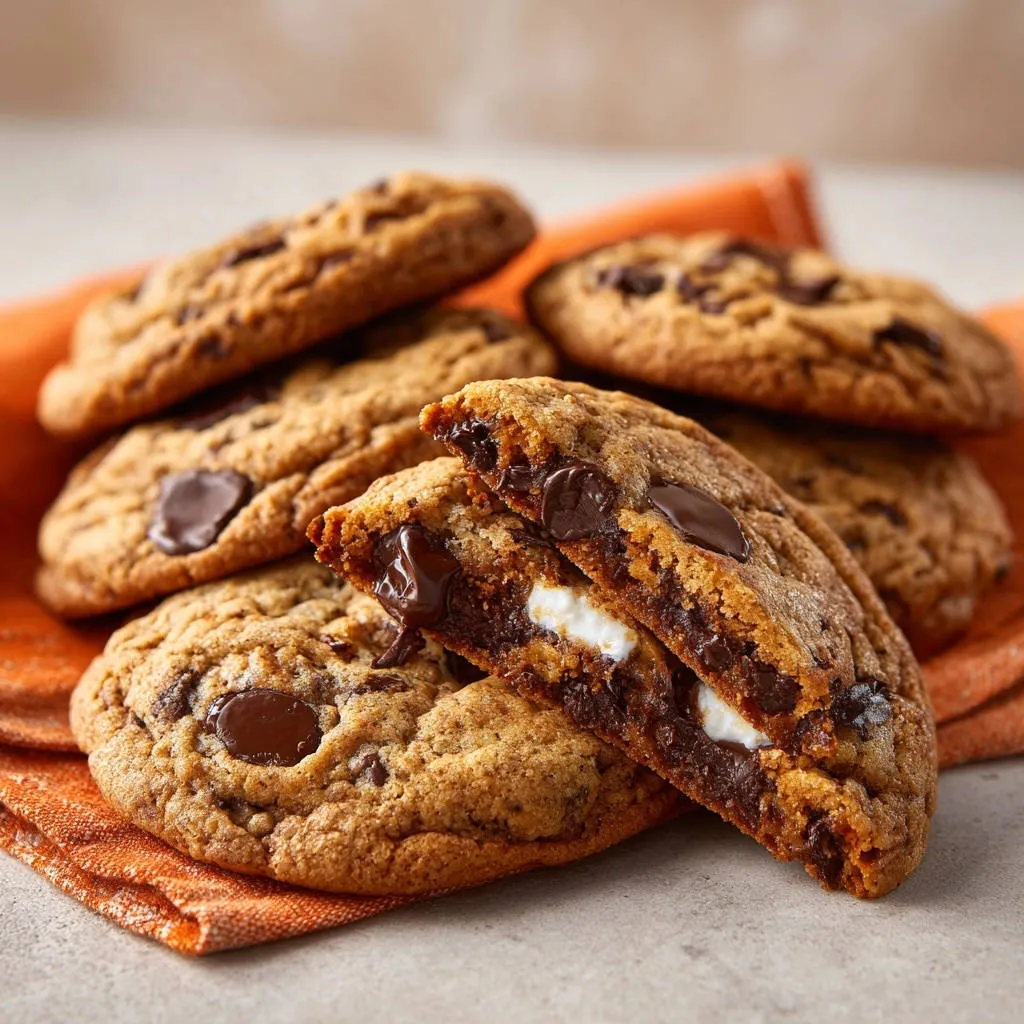 Gooey S'mores Stuffed Cookies cross-section showing melted chocolate and marshmallow center, close-up view